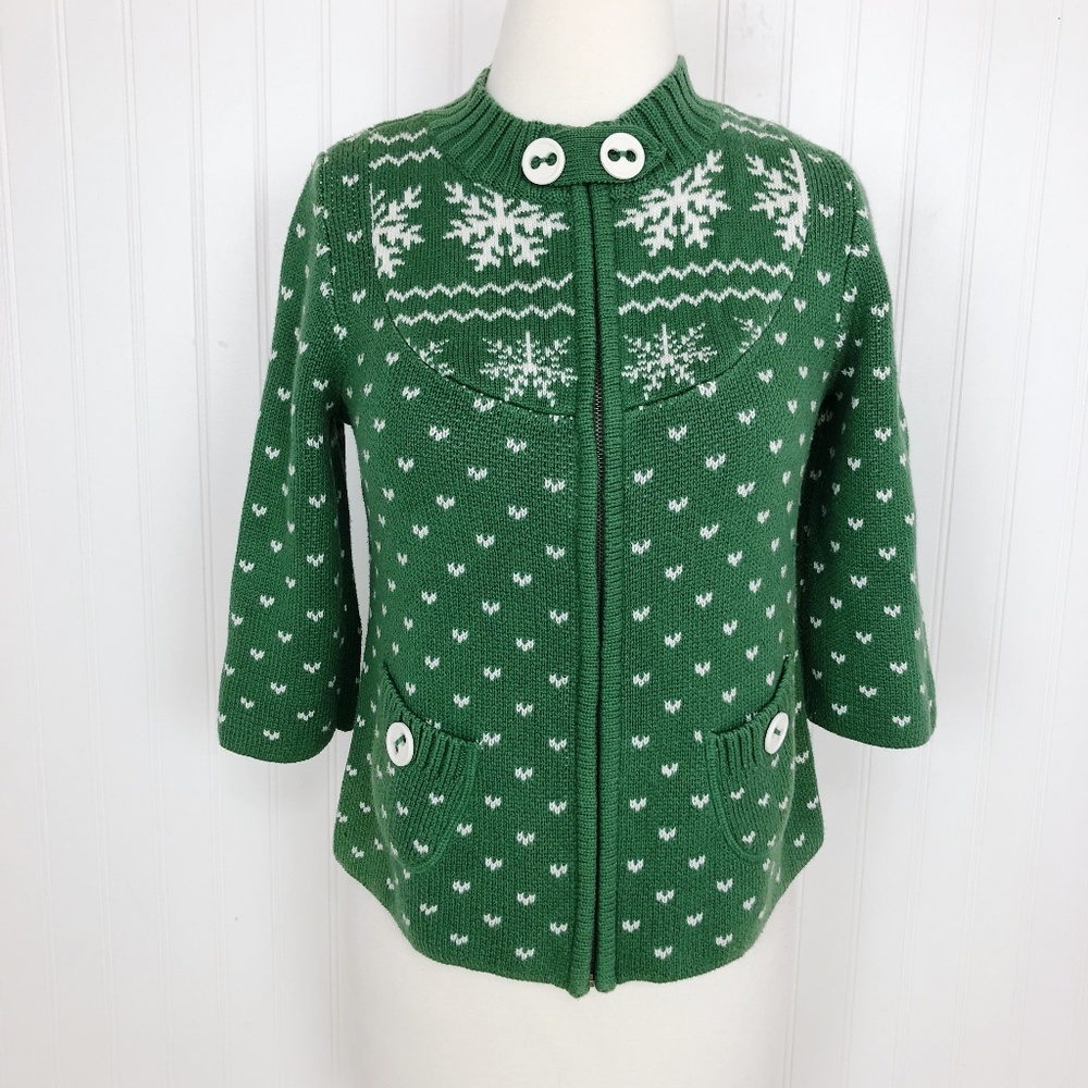 DC Zip Up Cardigan Knit Snowflake 3/4 Sleeve M